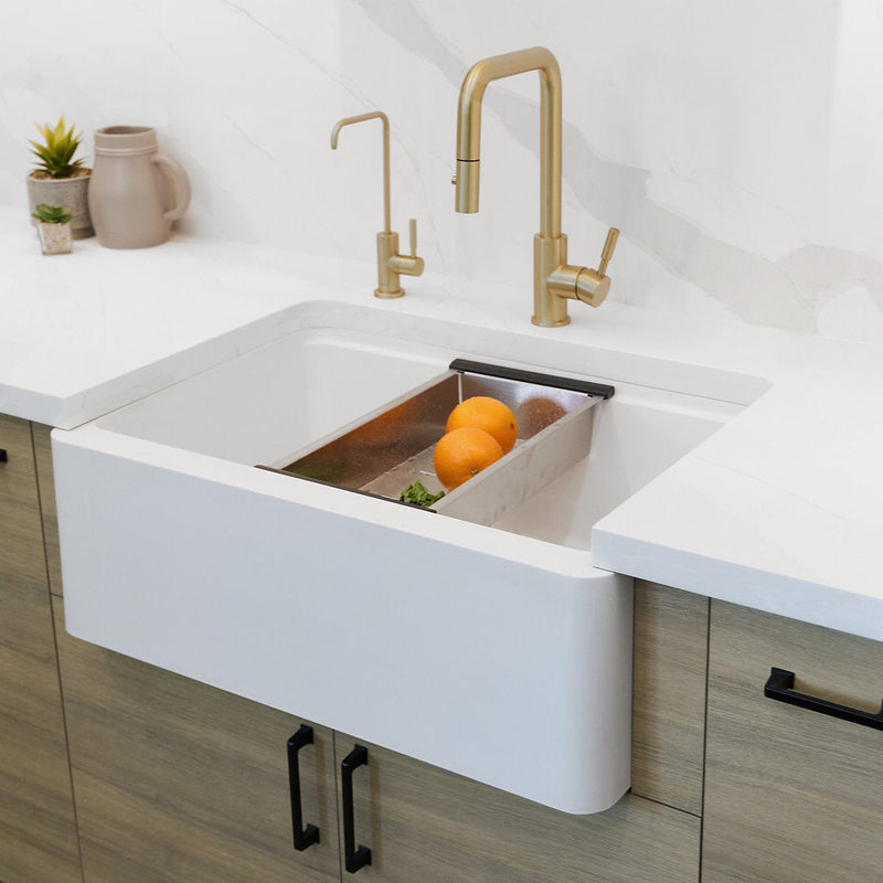 Stylish 30" BRONTE S-830WH Farmhouse/Apron White Composite Granite Workstation Single Bowl Kitchen Sink