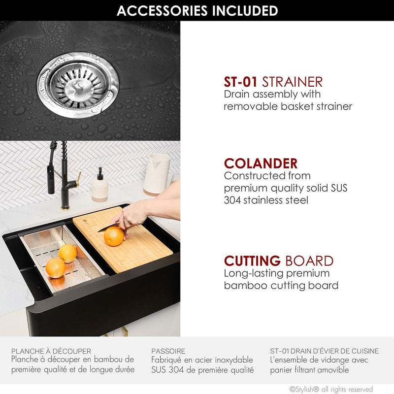 Stylish 30" BRONTE S-830WN Farmhouse/Apron Black Composite Granite Workstation Single Bowl Kitchen Sink