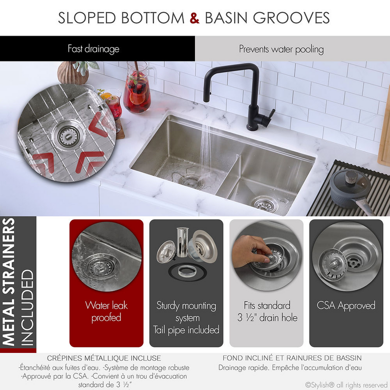 Stylish BORON 30" Workstation Double Bowl Undermount and Drop-in 16 Gauge Stainless Steel Kitchen Sink with Built in Accessories - S-230W