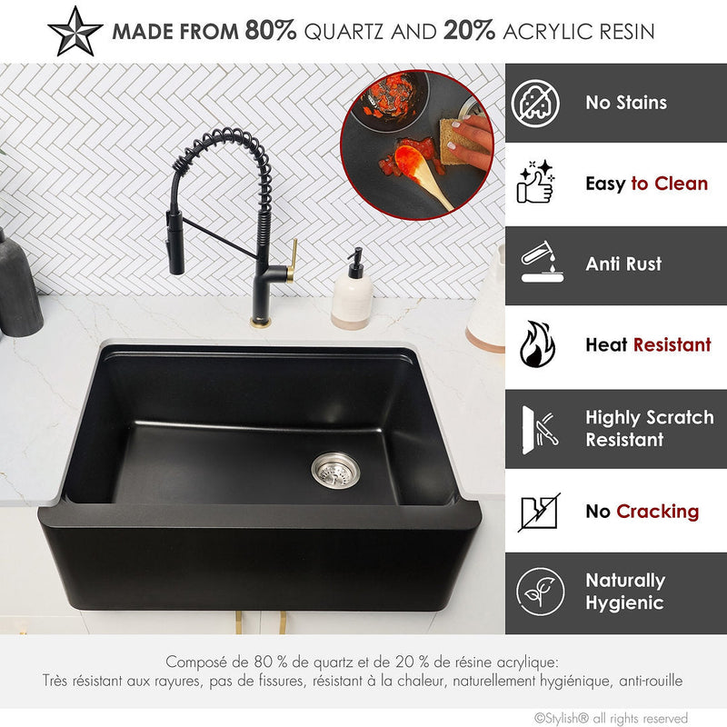 Stylish 30" BRONTE S-830WN Farmhouse/Apron Black Composite Granite Workstation Single Bowl Kitchen Sink