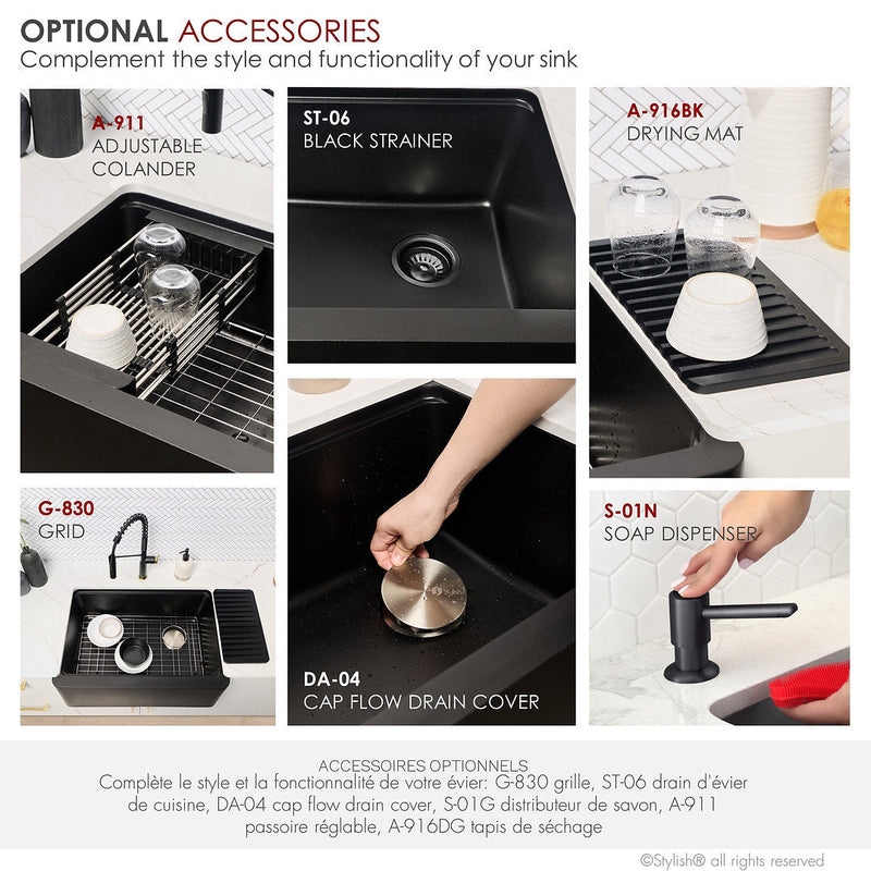 Stylish 30" BRONTE S-830WN Farmhouse/Apron Black Composite Granite Workstation Single Bowl Kitchen Sink