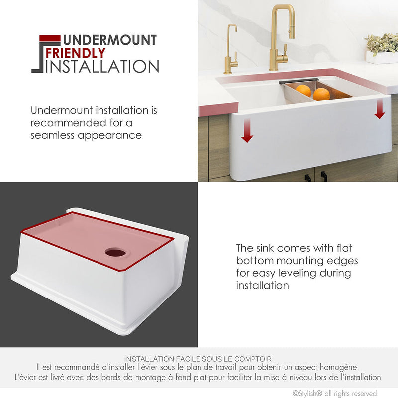 Stylish 30" BRONTE S-830WH Farmhouse/Apron White Composite Granite Workstation Single Bowl Kitchen Sink