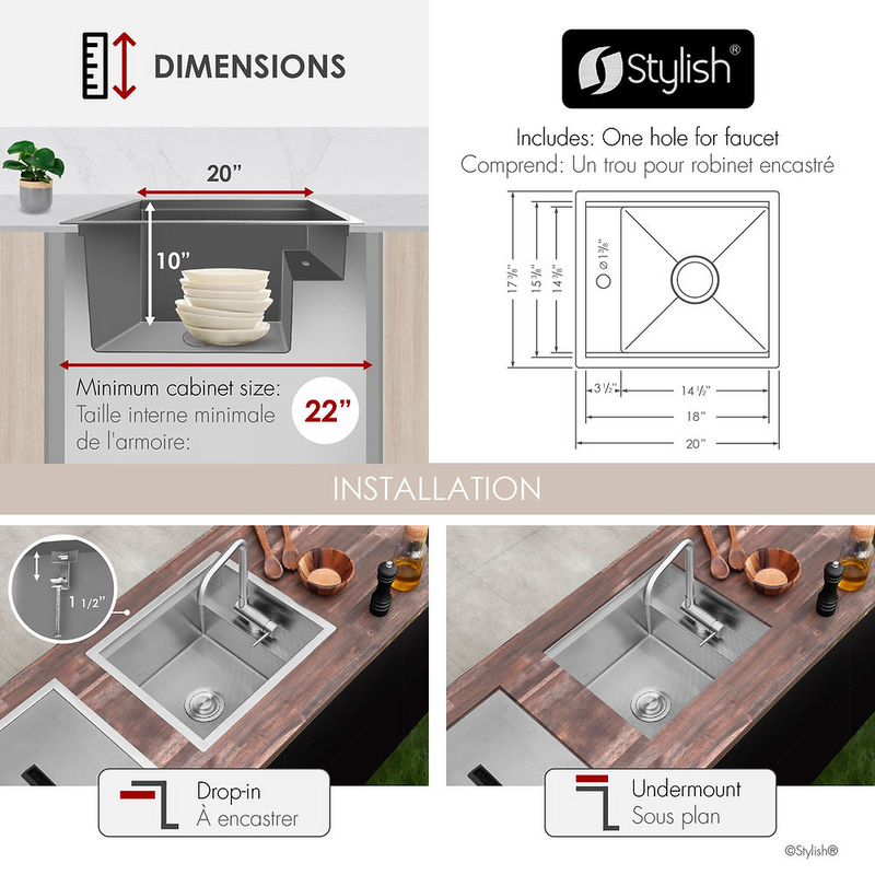 Stylish WAPTA 20" Dual Mount Workstation Single Bowl Utility Sink with Dura-Tek, Accessories and Stainless Steel Faucet - S-520C1