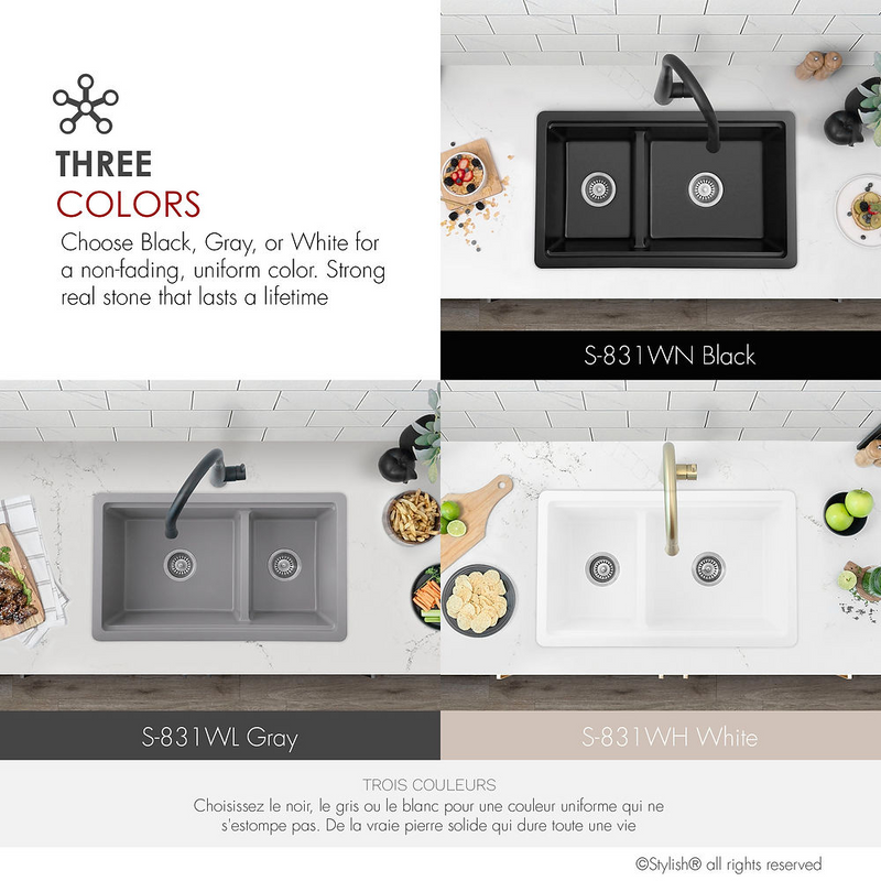 Stylish WATERTON 30" Dual Mount Workstation Double Bowl White Composite Granite Kitchen Sink with Built in Accessories