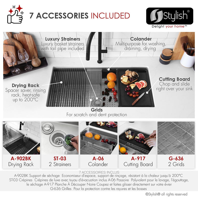 Stylish 36" VERSA S-636WK Undermount Double-Bowl Workstation Kitchen Sink with Black Accessories