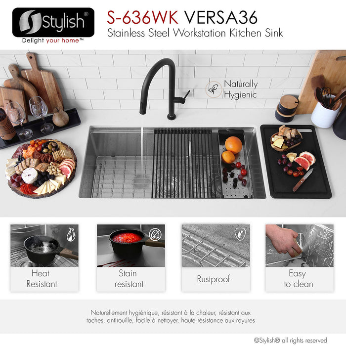 Stylish 36" VERSA S-636WK Undermount Double-Bowl Workstation Kitchen Sink with Black Accessories