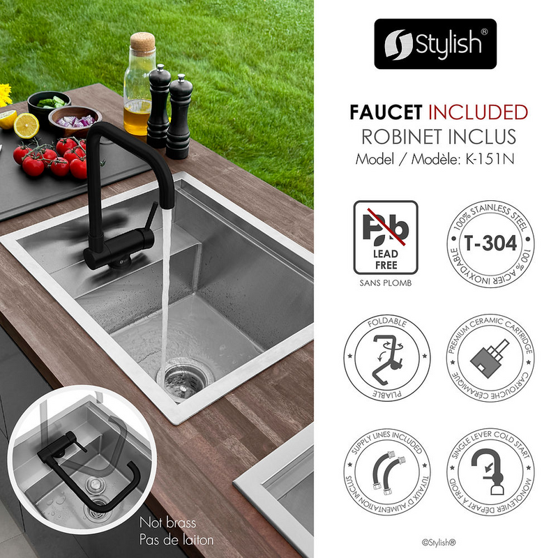 Stylish WAPTA 20" Dual Mount Workstation Single Bowl Utility Sink with Dura-Tek Accessories and Stainless Steel Matte Black Faucet - S-520C2