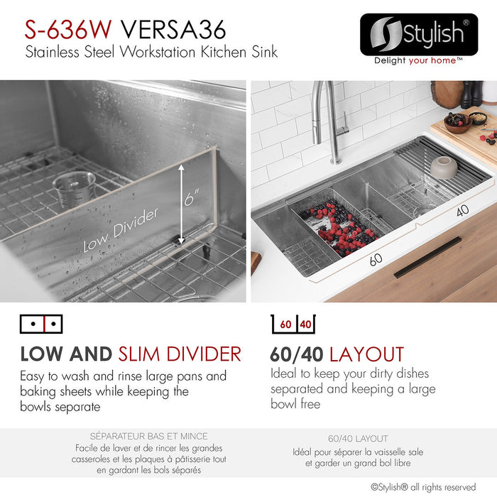 Stylish 36" VERSA36 S-636W Undermount Double-Bowl Workstation Kitchen Sink with Accessories