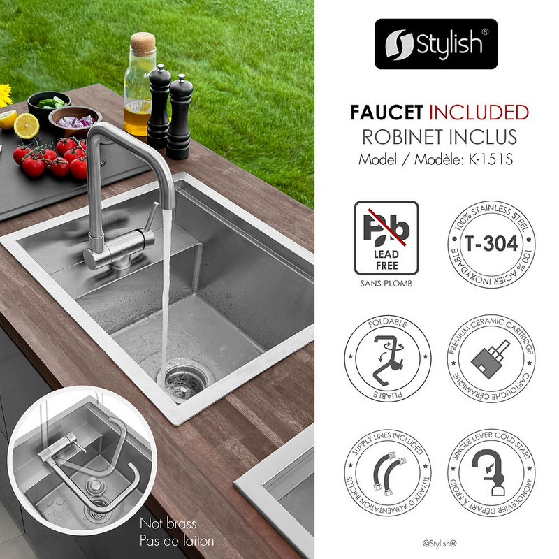 Stylish WAPTA 20" Dual Mount Workstation Single Bowl Utility Sink with Dura-Tek, Accessories and Stainless Steel Faucet - S-520C1