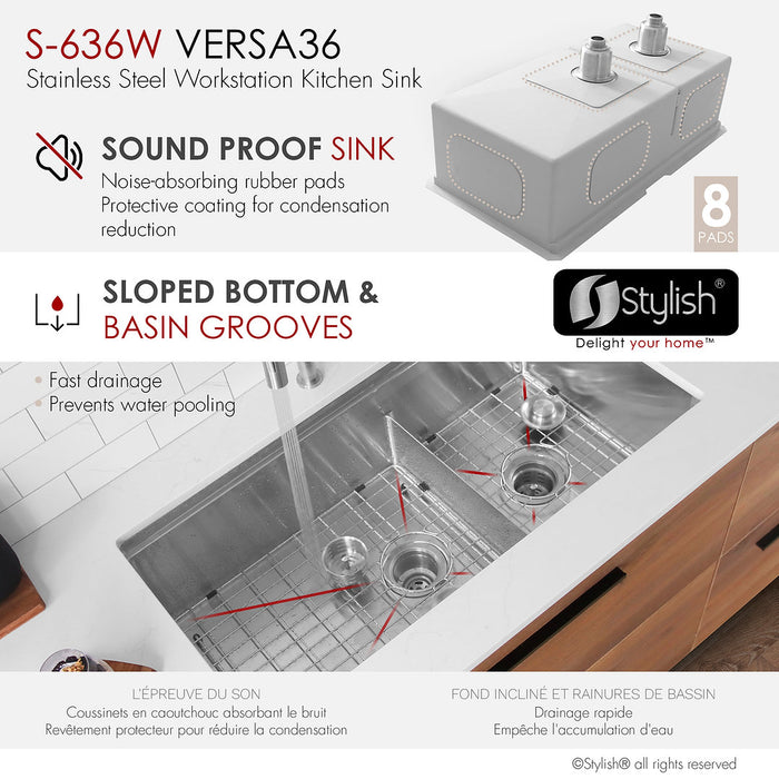 Stylish 36" VERSA36 S-636W Undermount Double-Bowl Workstation Kitchen Sink with Accessories