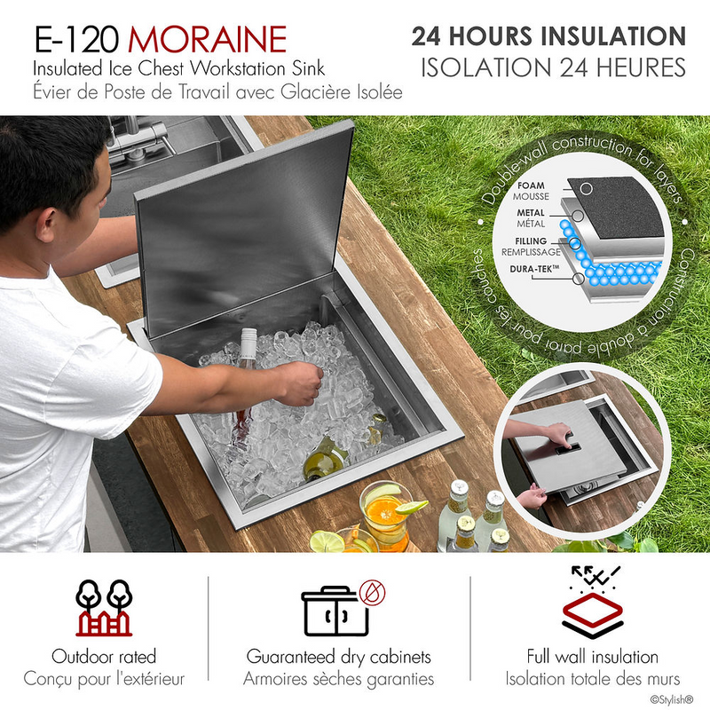 Stylish MORAINE 20" Dual Mount Workstation Single Bowl Outdoor Sink and Ice Chest with Dura-Tek and Accessories - E-120