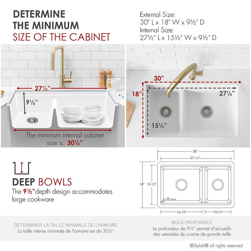 Stylish WATERTON 30" Dual Mount Workstation Double Bowl White Composite Granite Kitchen Sink with Built in Accessories