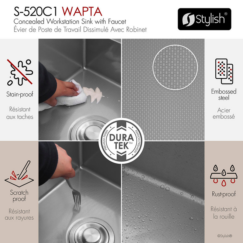 Stylish WAPTA 20" Dual Mount Workstation Single Bowl Utility Sink with Dura-Tek Accessories and Stainless Steel Matte Black Faucet - S-520C2