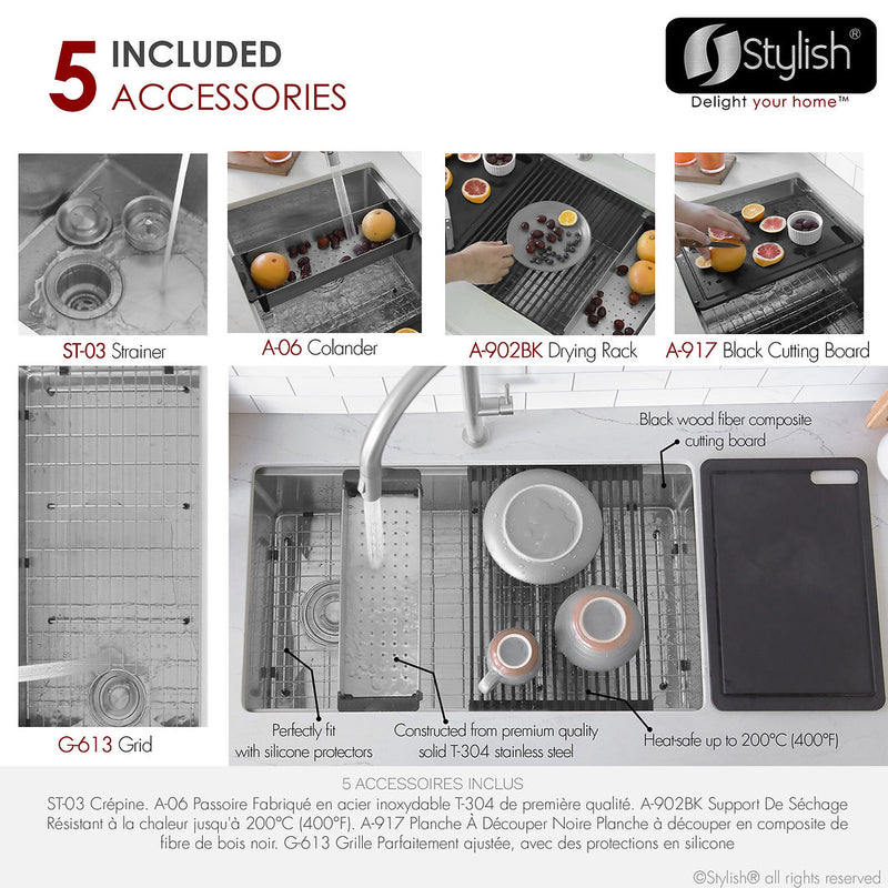 Stylish 33" VERSA33 S-613WK Undermount Workstation Stainless Steel Single-Bowl Kitchen Sink with Black Accessories