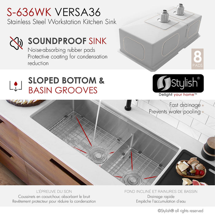 Stylish 36" VERSA S-636WK Undermount Double-Bowl Workstation Kitchen Sink with Black Accessories