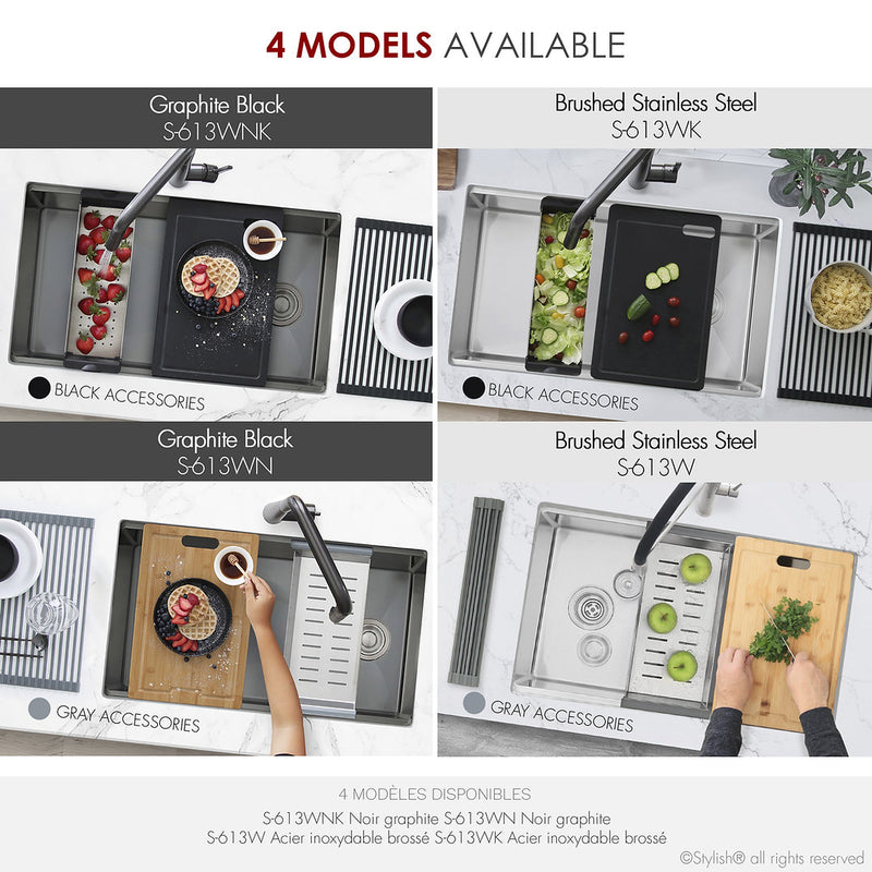 Stylish 33" VERSA33 S-613WK Undermount Workstation Stainless Steel Single-Bowl Kitchen Sink with Black Accessories