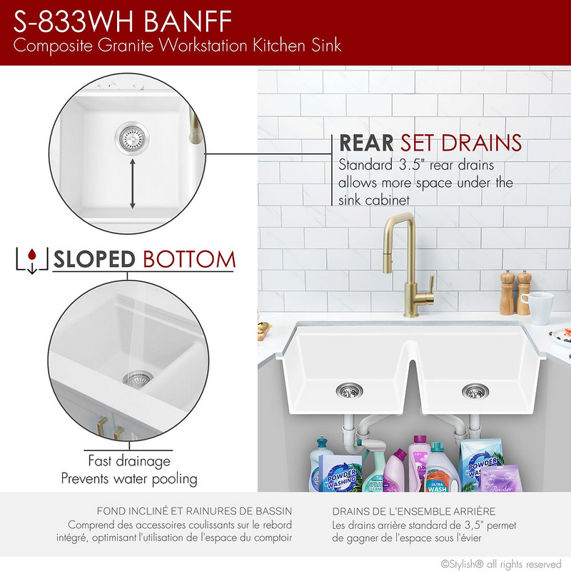 Stylish BANFF 33" Dual Mount Workstation Double Bowl Composite Granite Kitchen Sink with Built in Accessories