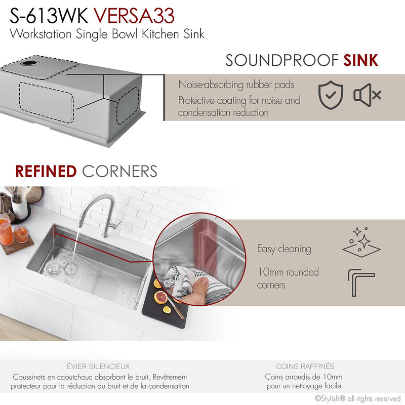 Stylish 33" VERSA33 S-613WK Undermount Workstation Stainless Steel Single-Bowl Kitchen Sink with Black Accessories