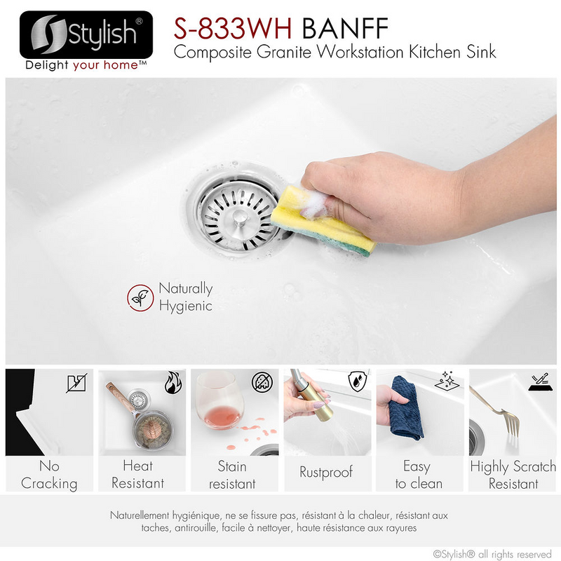 Stylish BANFF 33" Dual Mount Workstation Double Bowl Composite Granite Kitchen Sink with Built in Accessories