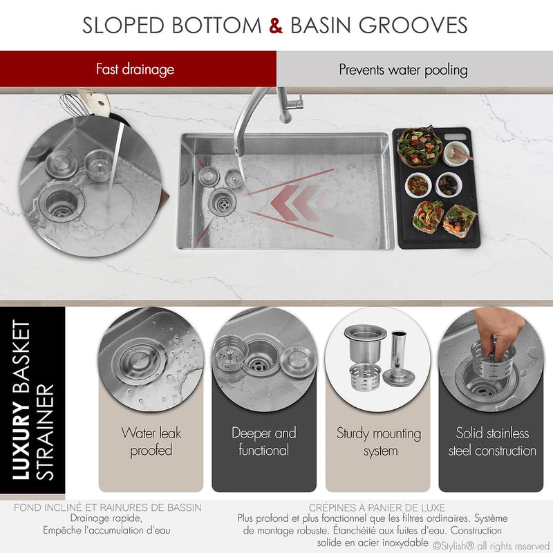 Stylish 33" VERSA33 S-613WK Undermount Workstation Stainless Steel Single-Bowl Kitchen Sink with Black Accessories