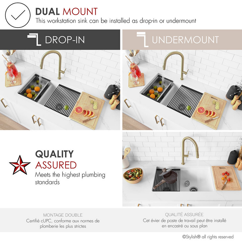 Stylish WATERTON 30" Dual Mount Workstation Double Bowl White Composite Granite Kitchen Sink with Built in Accessories