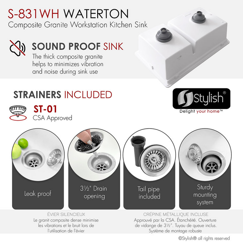 Stylish WATERTON 30" Dual Mount Workstation Double Bowl White Composite Granite Kitchen Sink with Built in Accessories
