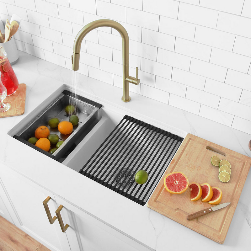 Stylish WATERTON 30" Dual Mount Workstation Double Bowl White Composite Granite Kitchen Sink with Built in Accessories