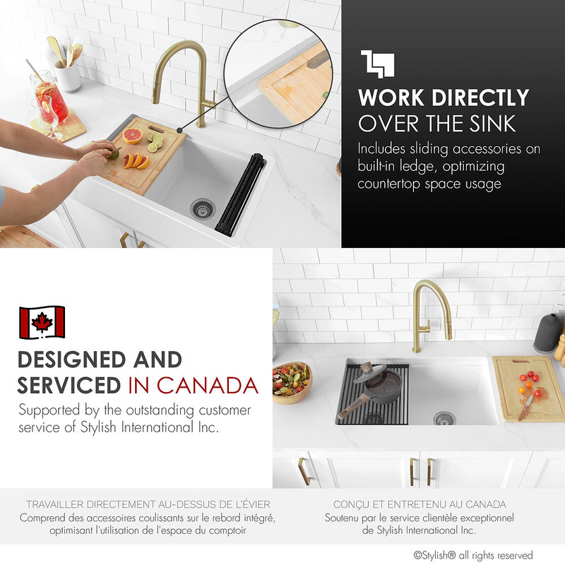 Stylish WATERTON 30" Dual Mount Workstation Double Bowl White Composite Granite Kitchen Sink with Built in Accessories