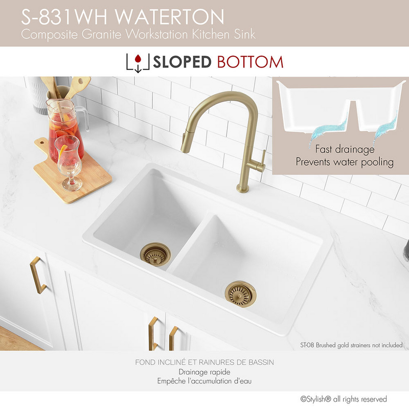Stylish WATERTON 30" Dual Mount Workstation Double Bowl White Composite Granite Kitchen Sink with Built in Accessories
