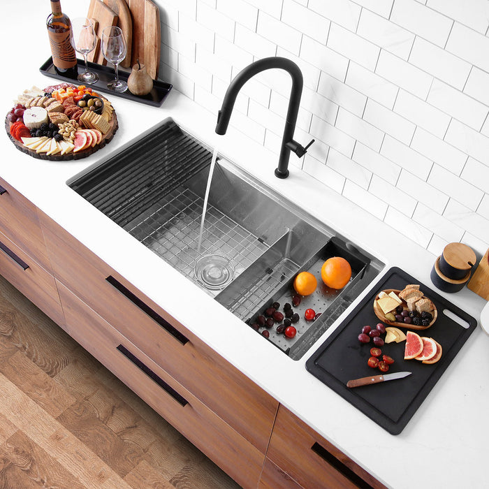 Stylish 36" VERSA S-636WK Undermount Double-Bowl Workstation Kitchen Sink with Black Accessories