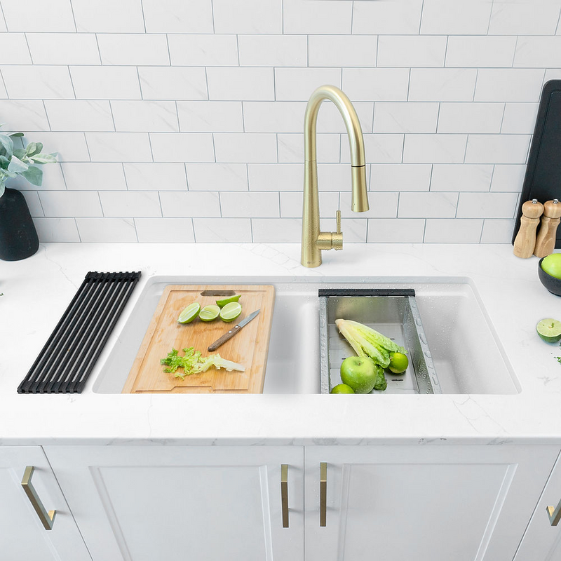 Stylish BANFF 33" Dual Mount Workstation Double Bowl Composite Granite Kitchen Sink with Built in Accessories