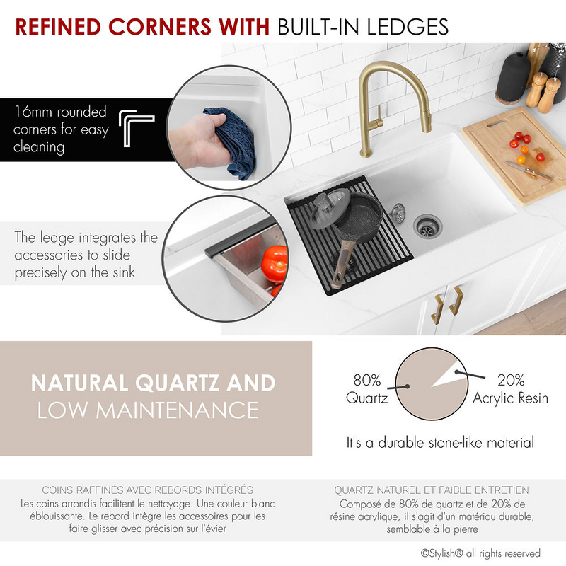 Stylish WATERTON 30" Dual Mount Workstation Double Bowl White Composite Granite Kitchen Sink with Built in Accessories