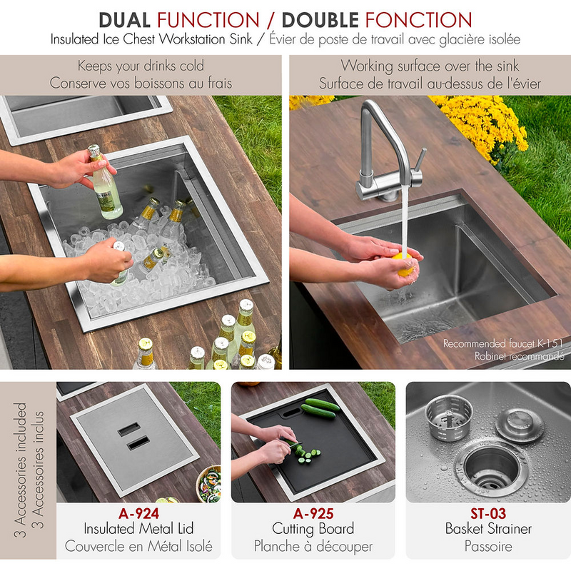 Stylish MORAINE 20" Dual Mount Workstation Single Bowl Outdoor Sink and Ice Chest with Dura-Tek and Accessories - E-120