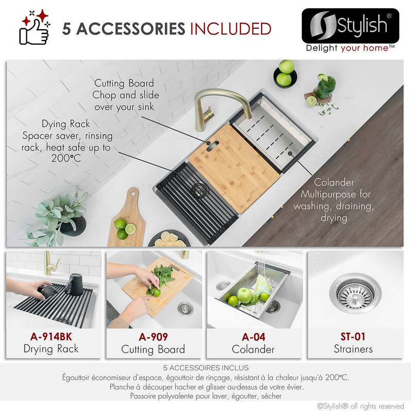 Stylish BANFF 33" Dual Mount Workstation Double Bowl Composite Granite Kitchen Sink with Built in Accessories