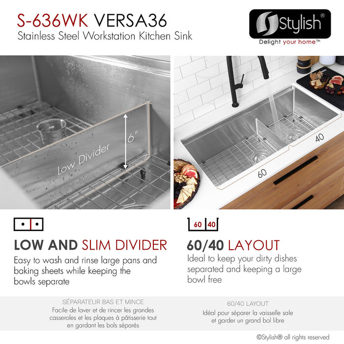 Stylish 36" VERSA S-636WK Undermount Double-Bowl Workstation Kitchen Sink with Black Accessories