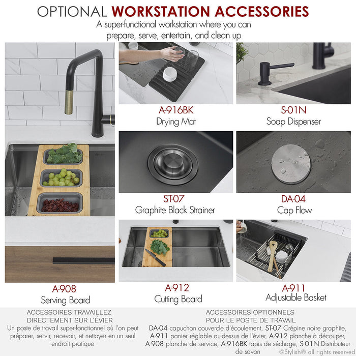 Stylish 33" VERSA33 S-613WN Undermount Workstation Single-Bowl Graphite Black Kitchen Sink with Accessories