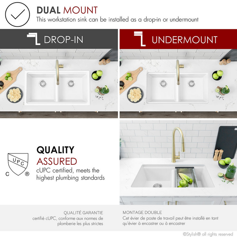 Stylish BANFF 33" Dual Mount Workstation Double Bowl Composite Granite Kitchen Sink with Built in Accessories