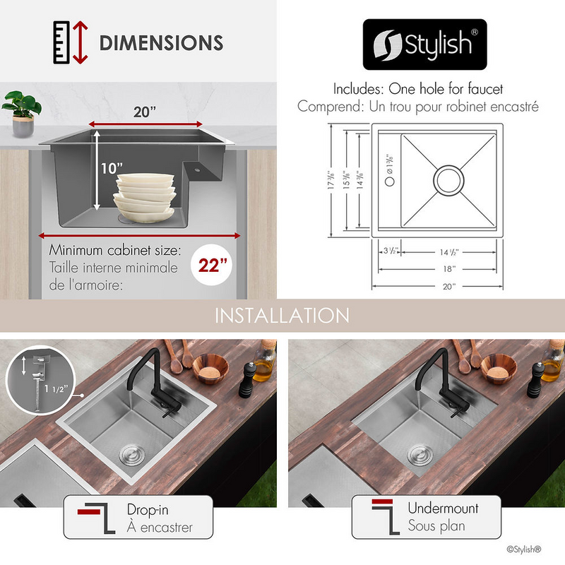 Stylish WAPTA 20" Dual Mount Workstation Single Bowl Utility Sink with Dura-Tek Accessories and Stainless Steel Matte Black Faucet - S-520C2