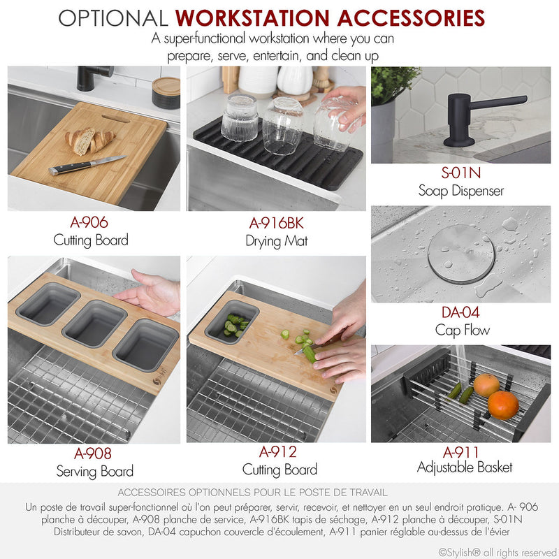 Stylish 33" VERSA33 S-613WK Undermount Workstation Stainless Steel Single-Bowl Kitchen Sink with Black Accessories