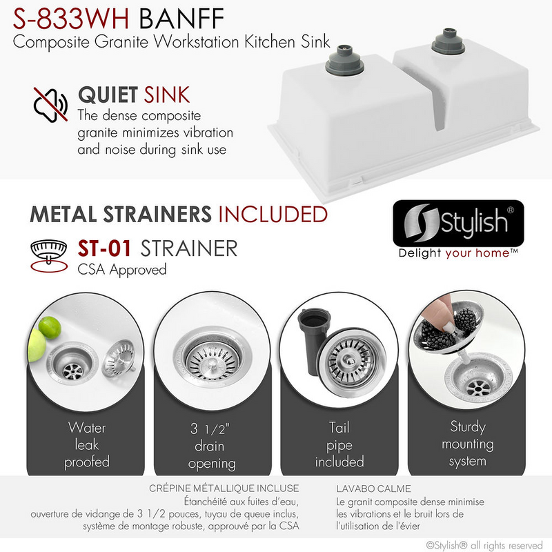 Stylish BANFF 33" Dual Mount Workstation Double Bowl Composite Granite Kitchen Sink with Built in Accessories