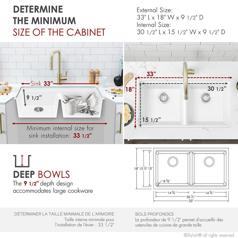 Stylish BANFF 33" Dual Mount Workstation Double Bowl Composite Granite Kitchen Sink with Built in Accessories