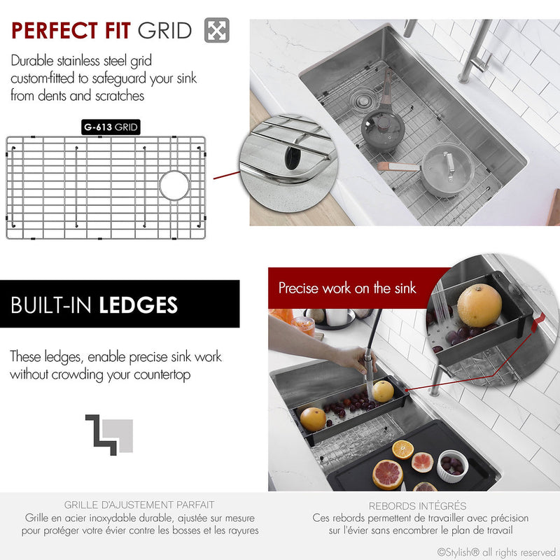 Stylish 33" VERSA33 S-613WK Undermount Workstation Stainless Steel Single-Bowl Kitchen Sink with Black Accessories