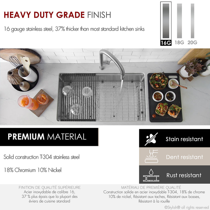 Stylish 33" VERSA33 S-613WK Undermount Workstation Stainless Steel Single-Bowl Kitchen Sink with Black Accessories