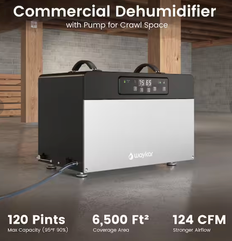 Waykar 125 pt. 6500 sq. ft. Commercial Dehumidifier with Built-in Pump&Drain Hose for Crawl Space, Basement and Garage in Black -AFY2.0DPM