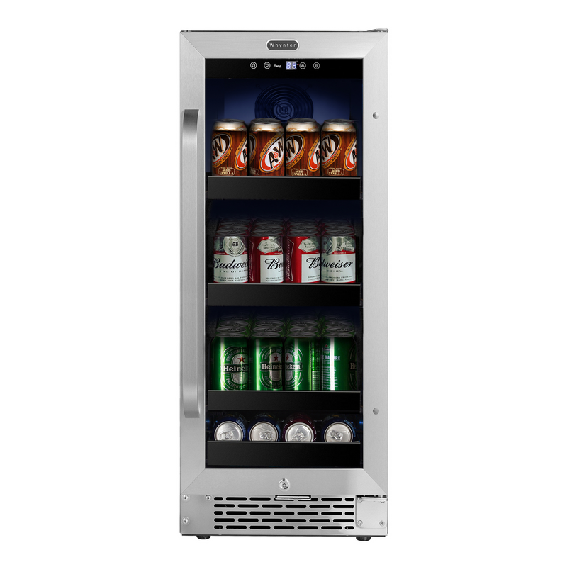 Whynter 15 inch Built-In 80 Can Undercounter Stainless Steel Beverage Refrigerator with Reversible Door, Digital Control, Lock and Carbon Filter