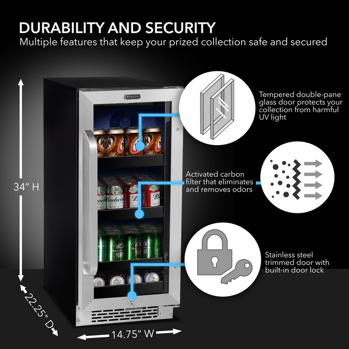 Whynter 15 inch Built-In 80 Can Undercounter Stainless Steel Beverage Refrigerator with Reversible Door, Digital Control, Lock and Carbon Filter