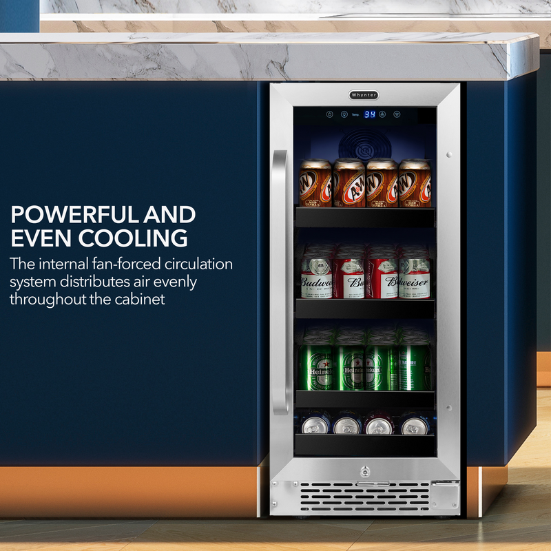 Whynter 15 inch Built-In 80 Can Undercounter Stainless Steel Beverage Refrigerator with Reversible Door, Digital Control, Lock and Carbon Filter