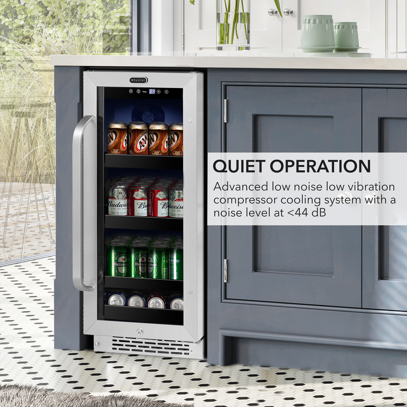 Whynter 15 inch Built-In 80 Can Undercounter Stainless Steel Beverage Refrigerator with Reversible Door, Digital Control, Lock and Carbon Filter