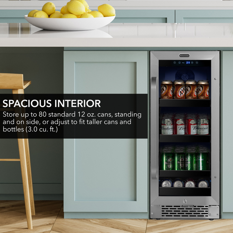 Whynter 15 inch Built-In 80 Can Undercounter Stainless Steel Beverage Refrigerator with Reversible Door, Digital Control, Lock and Carbon Filter