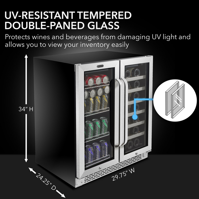 Whynter 30″ Built-In French Door Dual Zone 33 Bottle Wine Refrigerator 88 Can Beverage Center
